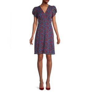 New Calvin Klein Purple, Blue & Red Floral Puff Short Sleeve Chiffon Dress